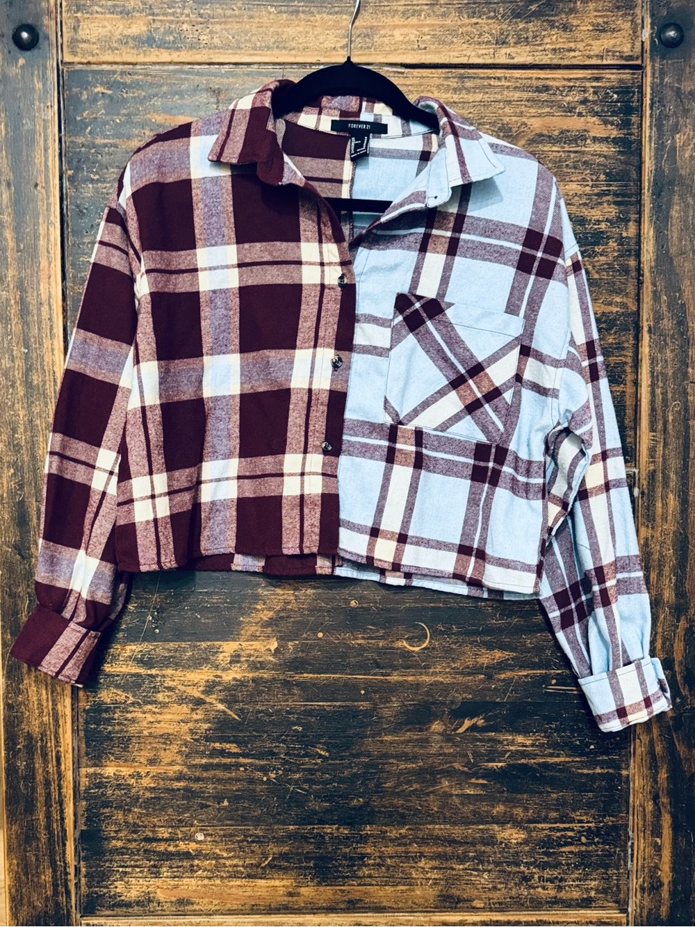 Forever 21 90s Grunge Cropped Colorblock Boxy Plaid Flannel Button Up Shirt Sz M